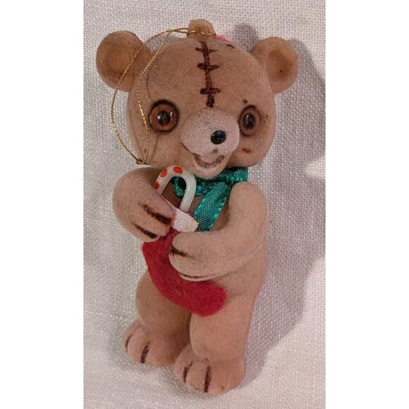 2 Flocked Bears Christmas Ornaments Kitschy Fuzzy Anthropomorphic Teddy Set Vtg - Picture 2 of 12